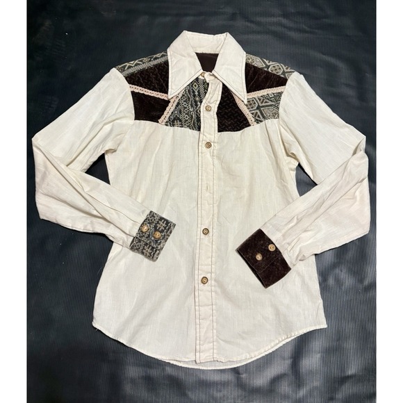 Tops - 70s VINTAGE Patchwork Brown Cream ButtonDown Western Shirt Pinup Rockabilly Boho